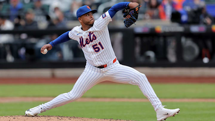 Apr 30, 2026; New York City, New York, USA; New York Mets starting pitcher Freddy Peralta (51) pitches against the Washington Nationals during the sixth inning at Citi Field. Mandatory Credit: Brad Penner-Imagn Images