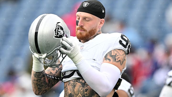 Sep 7, 2025; Foxborough, Massachusetts, USA; Las Vegas Raiders defensive end Maxx Crosby (98) practices before the game against the New England Patriots at Gillette Stadium.