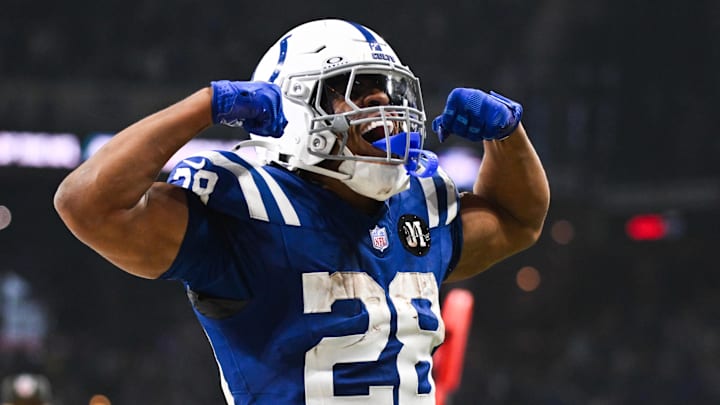 Oct 26, 2025; Indianapolis, Indiana, USA; Indianapolis Colts running back Jonathan Taylor (28) celebrates after scoring a touchdown during the third quarter against the Tennessee Titans at Lucas Oil Stadium. Mandatory Credit: Robert Goddin-Imagn Images