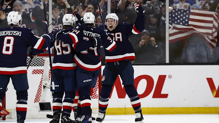 Feb 20, 2025; Boston, MA, USA; [Imagn Images direct customers only] United States forward Brady Tkachuk (7) celebrates a goal against Canada during the 4 Nations Face-Off ice hockey championship game against Canada at TD Garden. Mandatory Credit: Winslow Townson-Imagn Images