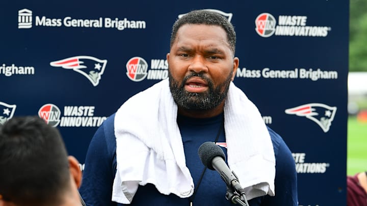 Jul 24, 2024; Foxborough, MA, USA;  New England Patriots head coach Jerod Mayo holds a press conference before training camp at Gillette Stadium. 