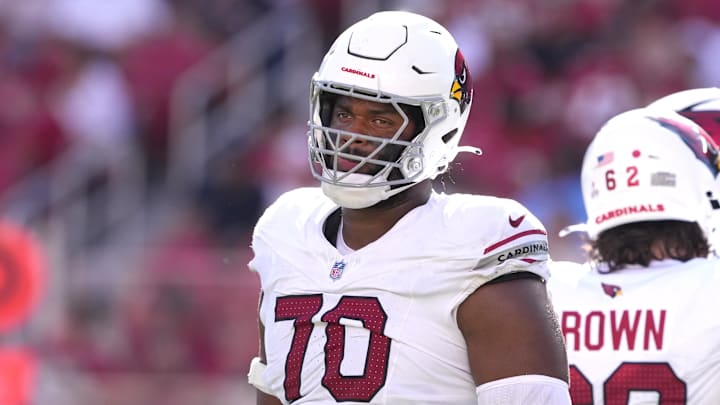 Oct 6, 2024; Santa Clara, California, USA; Arizona Cardinals offensive tackle Paris Johnson Jr. (70) during the third quarter against the San Francisco 49ers at Levi's Stadium. Mandatory Credit: Darren Yamashita-Imagn Images
