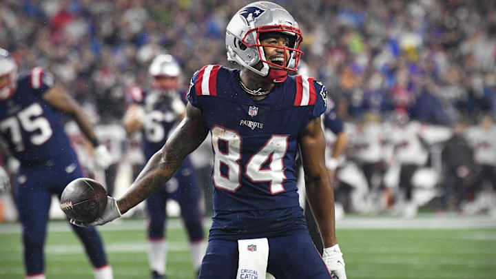Oct 3, 2021; Foxboro, MA, USA; New England Patriots wide receiver Kendrick Bourne (84) celebrates a