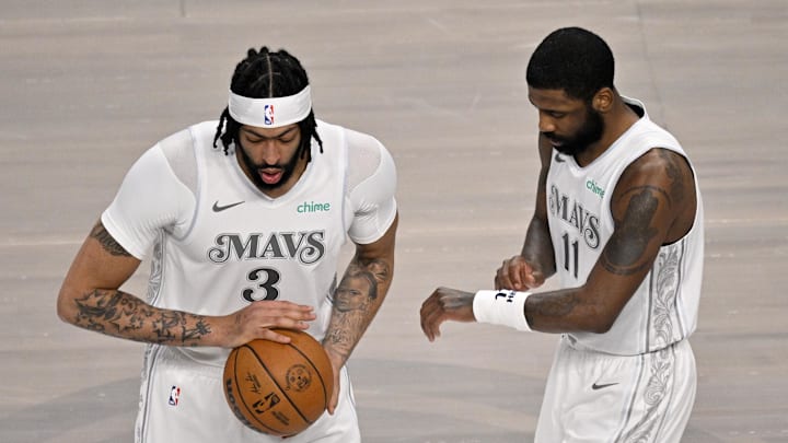 Feb 8, 2025; Dallas, Texas, USA; Dallas Mavericks forward Anthony Davis (3) and guard Kyrie Irving (11) before the game between the Dallas Mavericks and the Houston Rockets at the American Airlines Center. Mandatory Credit: Jerome Miron-Imagn Images