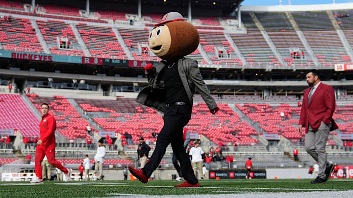 Ohio State Buckeyes mascot, Brutus, walks into Ohio Stadium prior to the NCAA football game against the Rutgers Scarlet Knights in Columbus on Nov. 22, 2025.