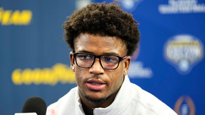 Ohio State Buckeyes defensive back Caleb Downs speaks during the Cotton Bowl Media Day at AT&T Stadium in Dallas prior to the College Football Playoff matchup against the Miami Hurricanes on Dec. 29, 2025.