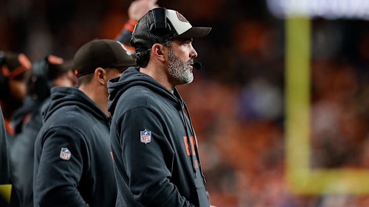 Dec 2, 2024; Denver, Colorado, USA; Cleveland Browns head coach Kevin Stefanski looks on in the second quarter against the Denver Broncos at Empower Field at Mile High. Mandatory Credit: Isaiah J. Downing-Imagn Images