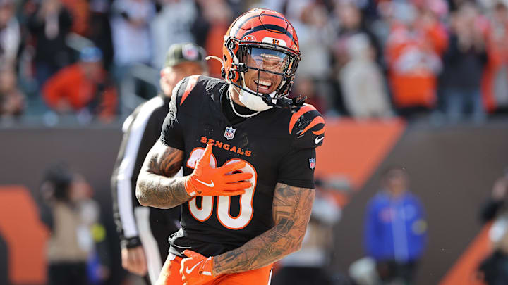 Oct 26, 2025; Cincinnati, Ohio, USA; Cincinnati Bengals running back Chase Brown (30) celebrates scoring a touchdown during the second quarter against the New York Jets at Paycor Stadium. Mandatory Credit: Joseph Maiorana-Imagn Images