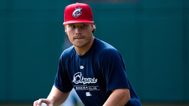 Columbus Clippers’s Travis Bazzana holds the ball during practice at Huntington Park on Wednesday, March 25, 2026 in Columbus, Ohio.