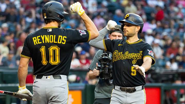 May 6, 2026; Phoenix, Arizona, USA; Pittsburgh Pirates infielder Brandon Lowe (5) celebrates with Bryan Reynolds (10) after hitting a first inning home run against the Arizona Diamondbacks at Chase Field. Mandatory Credit: Mark J. Rebilas-Imagn Images May 6, 2026; Phoenix, Arizona, USA; Pittsburgh Pirates infielder Brandon Lowe (5) celebrates with Bryan Reynolds (10) after hitting a first inning home run against the Arizona Diamondbacks at Chase Field. Mandatory Credit: Mark J. Rebilas-Imagn Images