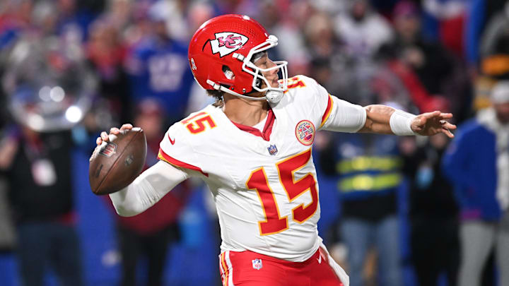 Nov 17, 2024; Orchard Park, New York, USA; Kansas City Chiefs quarterback Patrick Mahomes (15) throws a pass in the second quarter against the Buffalo Bills at Highmark Stadium. Mandatory Credit: Mark Konezny-Imagn Images