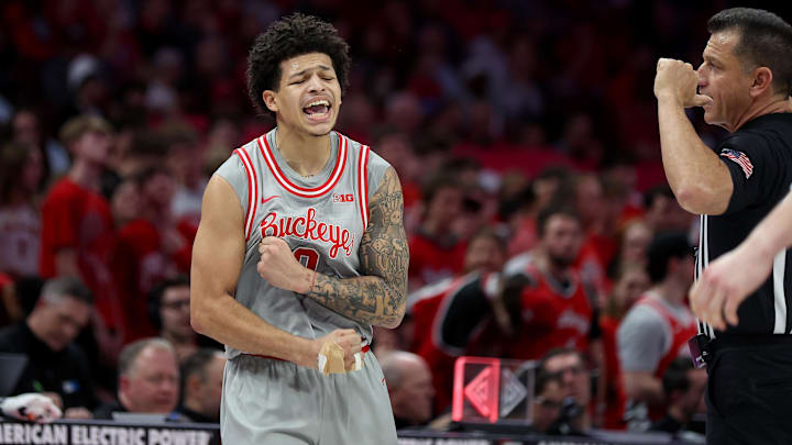 Mar 7, 2026; Columbus, Ohio, USA; Ohio State Buckeyes guard John Mobley Jr. (0) reacts during the second half against the Indiana Hoosiers at Value City Arena. Mandatory Credit: Joseph Maiorana-Imagn Images