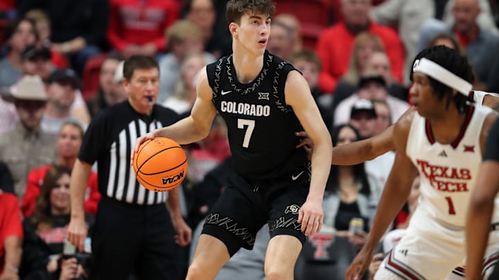 Feb 11, 2026; Lubbock, Texas, USA;  Colorado Buffaloes forward Sebastian Rancik (7) works the ball against the Texas Tech Red Raiders in the first half at United Supermarkets Arena. Mandatory Credit: Michael C. Johnson-Imagn Images