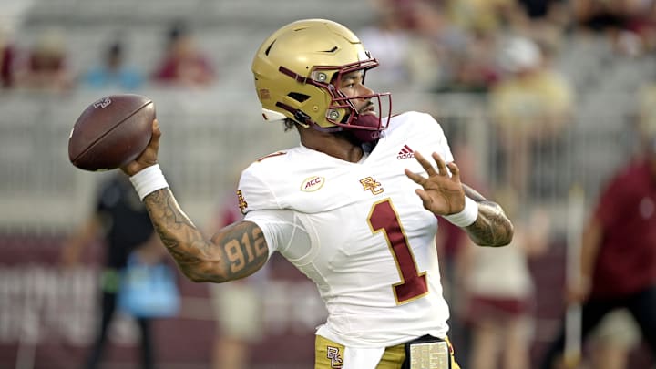 Sep 2, 2024; Tallahassee, Florida, USA; Boston College Eagles quarterback Thomas Castellanos (1) warms up before the game against the Florida State Seminoles at Doak S. Campbell Stadium. Mandatory Credit: Melina Myers-Imagn Images
