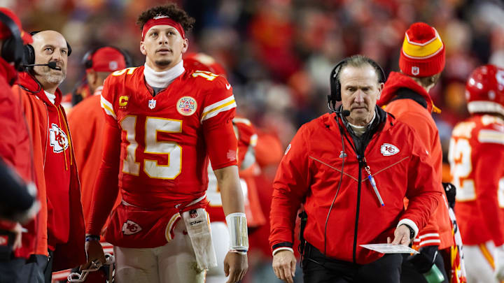 Jan 26, 2025; Kansas City, MO, USA; Kansas City Chiefs quarterback Patrick Mahomes (15) alongside defensive coordinator Steve Spagnuolo against the Buffalo Bills during the AFC Championship game at GEHA Field at Arrowhead Stadium. Mandatory Credit: Mark J. Rebilas-Imagn Images