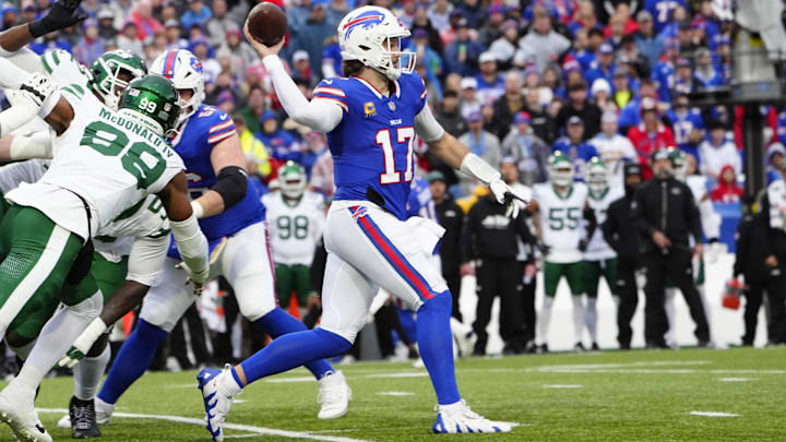 Buffalo Bills quarterback Josh Allen throws the ball against the New York Jets during the first half at Highmark Stadium.
