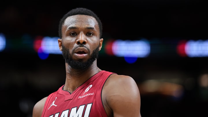 Feb 9, 2026; Miami, Florida, USA; Miami Heat forward Andrew Wiggins (22) looks on against the Utah Jazz during the third quarter at Kaseya Center. Mandatory Credit: Sam Navarro-Imagn Images