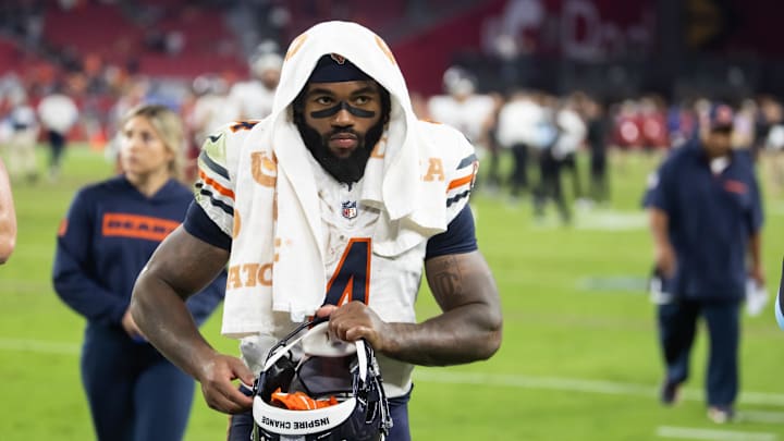 Nov 3, 2024; Glendale, Arizona, USA; Chicago Bears running back D'Andre Swift (4) against the Arizona Cardinals at State Farm Stadium. Mandatory Credit: Mark J. Rebilas-Imagn Images