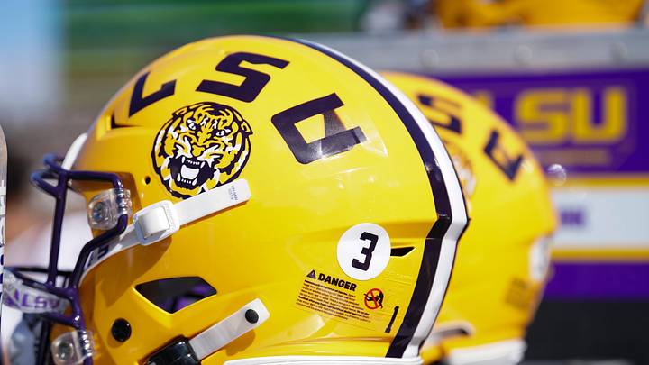 LSU Tigers helmet against the Missouri Tigers during the first half at Faurot Field at Memorial Stadium. 
