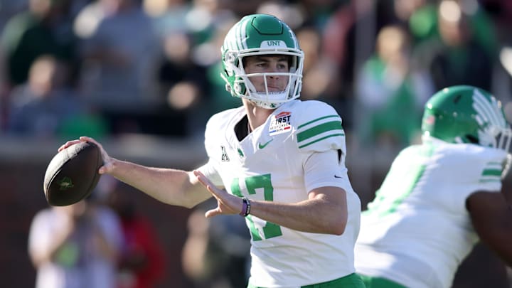 Dallas, TX, USA; North Texas Mean Green quarterback Drew Mestemaker (17) throws a pass during the first quarter against the Texas State Bobcats at Gerald J. Ford Stadium. 