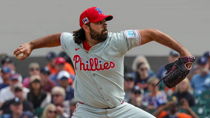 Feb 22, 2025; Lakeland, Florida, USA; Philadelphia Phillies pitcher Nabil Crismatt (54) throws a pitch during the first inning against the Detroit Tigers at Publix Field at Joker Marchant Stadium.