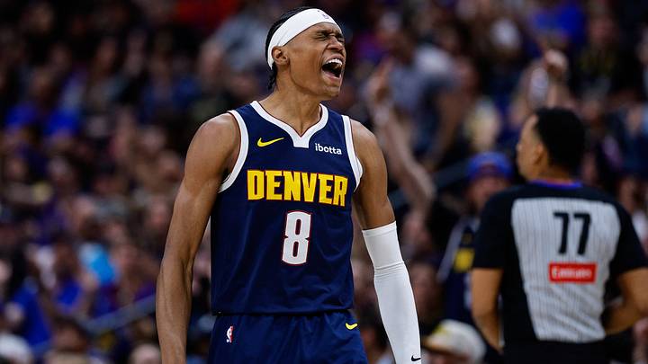 Mar 25, 2026; Denver, Colorado, USA; Denver Nuggets guard Peyton Watson (8) reacts after a play in the fourth quarter against the Dallas Mavericks at Ball Arena. Mandatory Credit: Isaiah J. Downing-Imagn Images