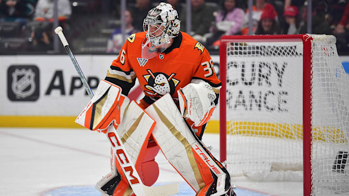 Nov 15, 2024; Anaheim, California, USA; Anaheim Ducks goaltender John Gibson (36) defends the goal against the Detroit Red Wings during the first period at Honda Center. Mandatory Credit: Gary A. Vasquez-Imagn Images