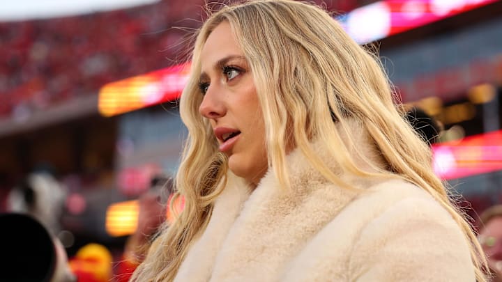 Jan 26, 2025; Kansas City, MO, USA; Brittany Mahomes on the sidelines before the AFC Championship gameagainst the Buffalo Bills at GEHA Field at Arrowhead Stadium.