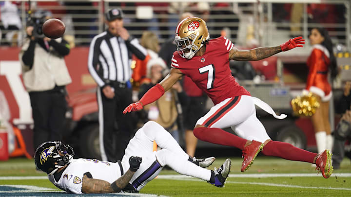Dec 25, 2023; Santa Clara, California, USA; Baltimore Ravens wide receiver Odell Beckham Jr. (3) is unable to make a catch next to San Francisco 49ers cornerback Charvarius Ward (7) in the first quarter at Levi's Stadium. Mandatory Credit: Cary Edmondson-Imagn Images