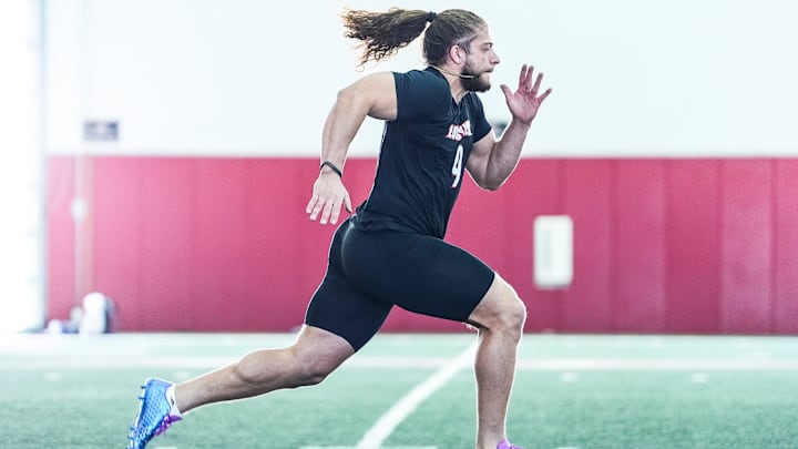 Louisville defensive end Ashton Gillotte runs a 40-yard dash in 4.63 during Pro Day at the UofL Football's Trager Indoor Practice Facility Tuesday, March 25, 2025.
