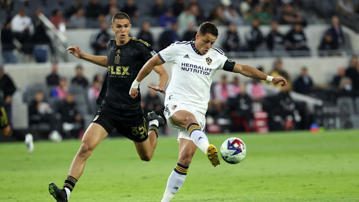 May 23, 2023; Los Angeles, CA, USA; Los Angeles Galaxy forward Javier Hernandez (14) controls the ball during the first half against the Los Angeles FC at BMO Stadium. Mandatory Credit: Kiyoshi Mio-Imagn Images