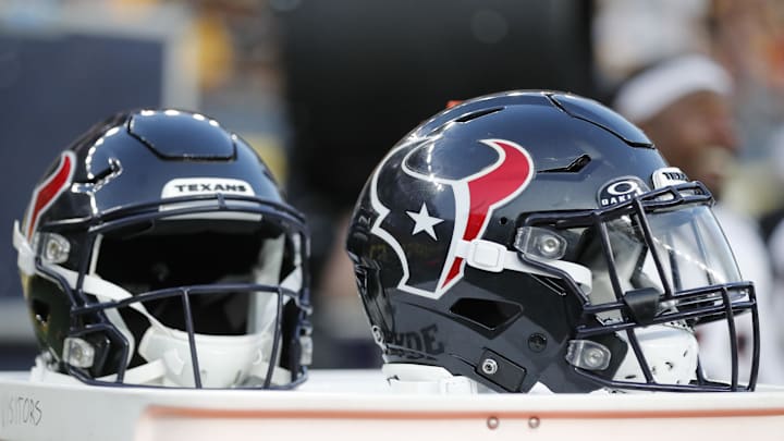 Aug 9, 2024; Pittsburgh, Pennsylvania, USA; Houston Texans helmets sit on an equipment trunk during the second quarter against the Pittsburgh Steelers at Acrisure Stadium. Mandatory Credit: Charles LeClaire-Imagn Images Aug 9, 2024; Pittsburgh, Pennsylvania, USA; Houston Texans helmets sit on an equipment trunk during the second quarter against the Pittsburgh Steelers at Acrisure Stadium. Mandatory Credit: Charles LeClaire-Imagn Images