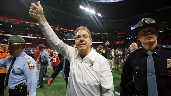 Dec 2, 2023; Atlanta, GA, USA;  Alabama Crimson Tide head coach Nick Saban celebrates after defeating the Georgia Bulldogs in the SEC championship game at Mercedes-Benz Stadium. Mandatory Credit: Brett Davis-Imagn Images