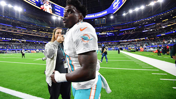 Miami Dolphins wide receiver Tyreek Hill (10) celebrates the victory against the Los Angeles Rams at SoFi Stadium in Week 10.