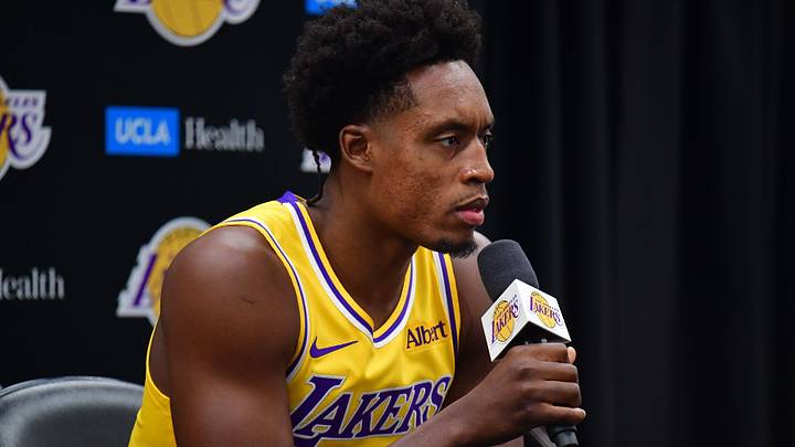 Sep 28, 2026; El Segundo, CA, USA; Los Angeles Lakers player Collin Sexton (5) during media day at UCLA Health Training Center.  Mandatory Credit: Gary A. Vasquez-Imagn Images