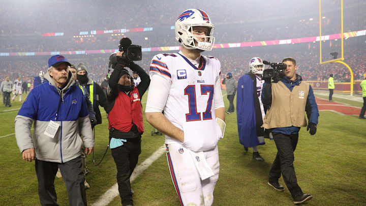 Josh Allen walks off the field after the Bills' divisional round loss to the Chiefs