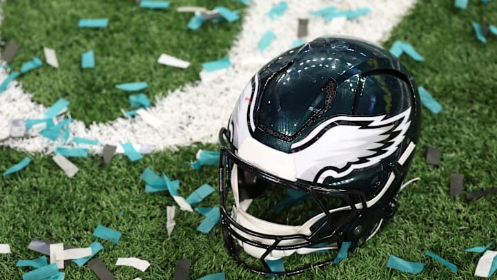Feb 9, 2025; New Orleans, LA, USA; A Philadelphia Eagles player's helmet rests on the field after Super Bowl LIX against the Kansas City Chiefs at Caesars Superdome. Mandatory Credit: Geoff Burke-Imagn Images