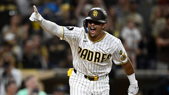 Sep 19, 2026; San Diego, California, USA; San Diego Padres pinch hitter Ethan Salas (8) celebrates after hitting a walk-off single during the tenth inning against the Miami Marlins at Petco Park. Mandatory Credit: Denis Poroy-Imagn Images Sep 19, 2026; San Diego, California, USA; San Diego Padres pinch hitter Ethan Salas (8) celebrates after hitting a walk-off single during the tenth inning against the Miami Marlins at Petco Park. Mandatory Credit: Denis Poroy-Imagn Images