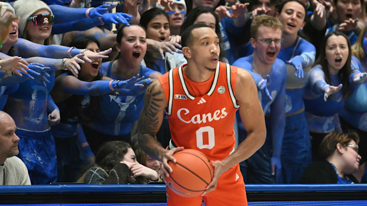 Jan 14, 2025; Durham, North Carolina, USA; Duke Blue Devils fans harass Miami Hurricanes guard Matthew Cleveland (0) as he tries to inbound the ball during the second half at Cameron Indoor Stadium. Mandatory Credit: Rob Kinnan-Imagn Images Jan 14, 2025; Durham, North Carolina, USA; Duke Blue Devils fans harass Miami Hurricanes guard Matthew Cleveland (0) as he tries to inbound the ball during the second half at Cameron Indoor Stadium. Mandatory Credit: Rob Kinnan-Imagn Images