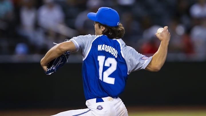 Aug 28, 2022; Phoenix, Arizona, US; East pitcher Landen Maroudis (12) during the Perfect Game
