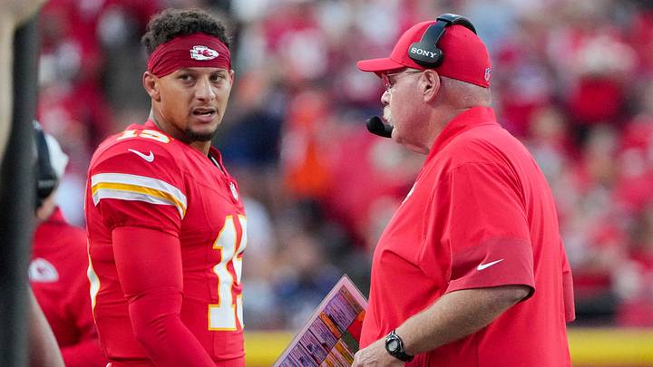 Aug 22, 2025; Kansas City, Missouri, USA; Kansas City Chiefs quarterback Patrick Mahomes (15) talks with head coach Andy Reid after a play against the Chicago Bears during the first half of the game at GEHA Field at Arrowhead Stadium. Mandatory Credit: Denny Medley-Imagn Images Aug 22, 2025; Kansas City, Missouri, USA; Kansas City Chiefs quarterback Patrick Mahomes (15) talks with head coach Andy Reid after a play against the Chicago Bears during the first half of the game at GEHA Field at Arrowhead Stadium. Mandatory Credit: Denny Medley-Imagn Images