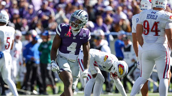 Oct 17, 2026; Manhattan, Kansas, USA; Kansas State Wildcats running back Joe Jackson (4) celebrates a big gain during the third quarter against the Kansas Jayhawks at Bill Snyder Family Football Stadium. Mandatory Credit: Scott Sewell-Imagn Images Oct 17, 2026; Manhattan, Kansas, USA; Kansas State Wildcats running back Joe Jackson (4) celebrates a big gain during the third quarter against the Kansas Jayhawks at Bill Snyder Family Football Stadium. Mandatory Credit: Scott Sewell-Imagn Images