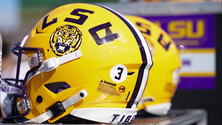 LSU Tigers helmet against the Missouri Tigers during the first half at Faurot Field at Memorial Stadium. 