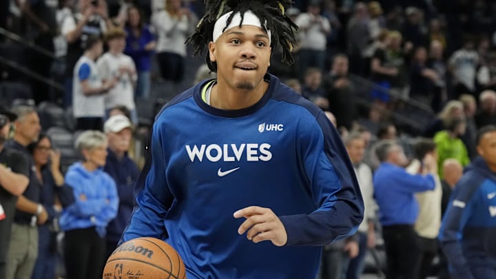 Mar 14, 2025; Minneapolis, Minnesota, USA; Minnesota Timberwolves guard Terrence Shannon Jr. (00) prepares to play the Orlando Magic at Target Center. Mandatory Credit: Bruce Kluckhohn-Imagn Images