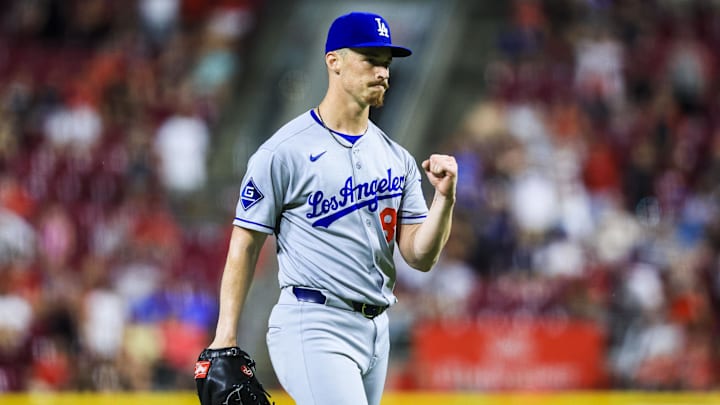 Jul 28, 2025; Cincinnati, Ohio, USA; Los Angeles Dodgers relief pitcher Jack Dreyer (86) reacts after the victory over the Cincinnati Reds at Great American Ball Park. Mandatory Credit: Katie Stratman-Imagn Images
