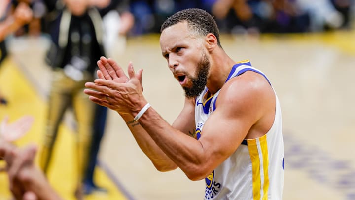Oct 23, 2025; San Francisco, California, USA;  Golden State Warriors guard Stephen Curry (30) celebrates against the Denver Nuggets during the third quarter at Chase Center. Mandatory Credit: Bob Kupbens-Imagn Images