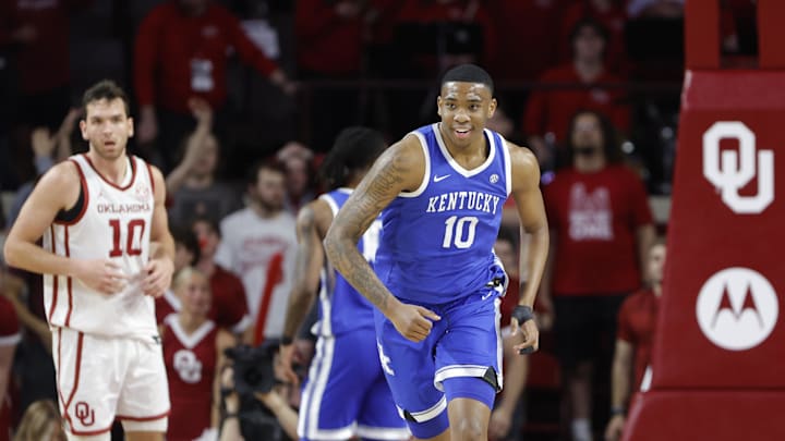 Feb 26, 2025; Norman, Oklahoma, USA; Kentucky Wildcats forward Brandon Garrison (10) smiles after scoring against the Oklahoma Sooners during the second half at Lloyd Noble Center. Mandatory Credit: Alonzo Adams-Imagn Images
