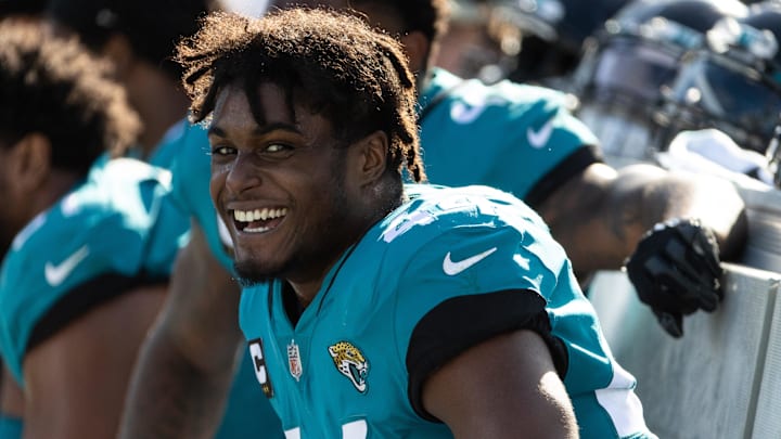 Jan 9, 2022; Jacksonville, Florida, USA; Jacksonville Jaguars outside linebacker Myles Jack (44) smiles on the bench after a defensive stop during the second half against the Indianapolis Colts at TIAA Bank Field. Mandatory Credit: Matt Pendleton-Imagn Images Jan 9, 2022; Jacksonville, Florida, USA; Jacksonville Jaguars outside linebacker Myles Jack (44) smiles on the bench after a defensive stop during the second half against the Indianapolis Colts at TIAA Bank Field. Mandatory Credit: Matt Pendleton-Imagn Images