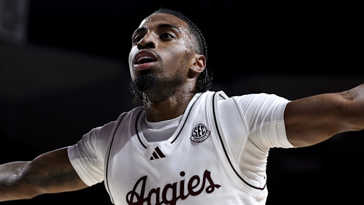 Nov 25, 2025; College Station, Texas, USA; Texas A&M Aggies guard Marcus Hill (0) blocks against the Mississippi Valley State Delta Devils during the first half at Reed Arena. Mandatory Credit: Maria Lysaker-Imagn Images Nov 25, 2025; College Station, Texas, USA; Texas A&M Aggies guard Marcus Hill (0) blocks against the Mississippi Valley State Delta Devils during the first half at Reed Arena. Mandatory Credit: Maria Lysaker-Imagn Images
