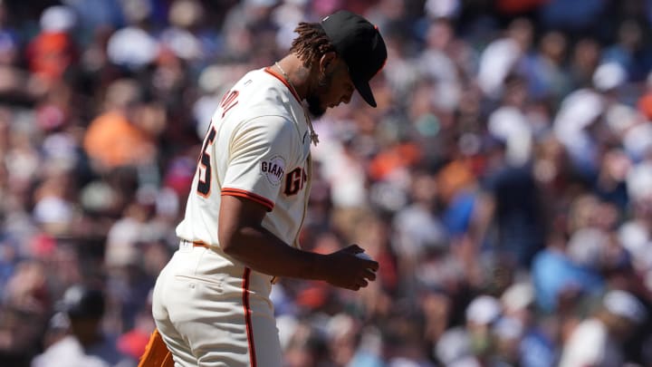 Jun 2, 2024; San Francisco, California, USA; San Francisco Giants relief pitcher Camilo Doval (75) walks back to the mound